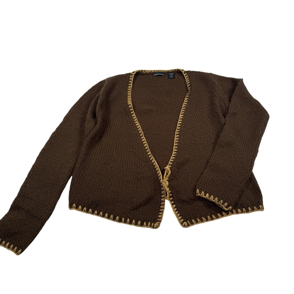 VTG Moda International Brown Tan Open Cardigan Whipstitch‎ Trim Wool Small - Picture 2 of 6